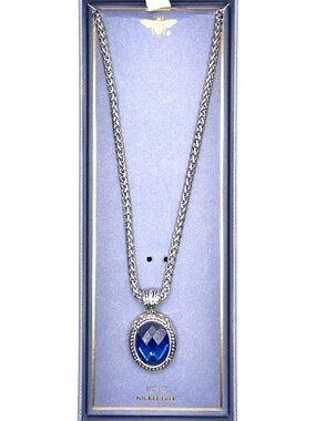 Silver Tone London Blue Faceted Glass Stone Pendant Necklace